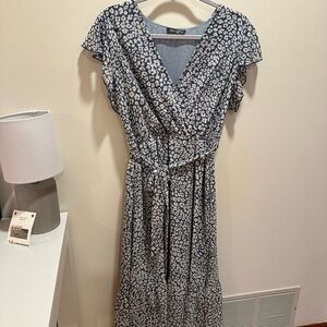 Blue and White Floral Cheetah Wrap Dress